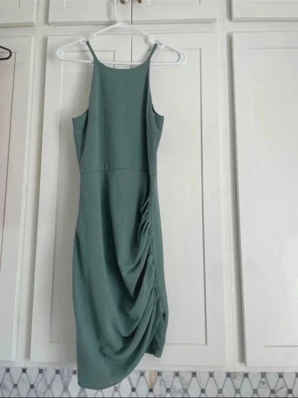 LA MIEL Sage Green Ruched Side Midi Dress